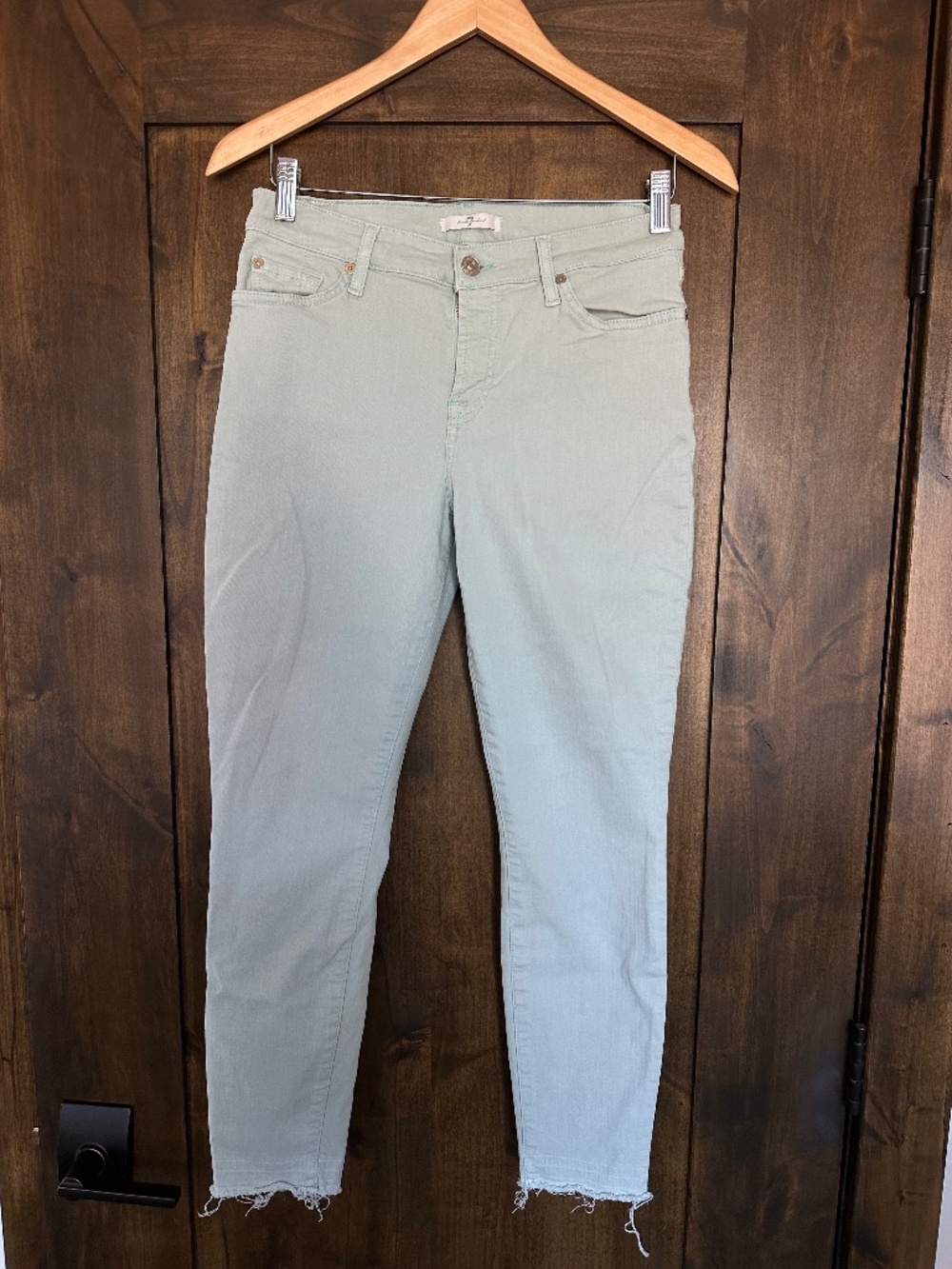 7 For All Mankind Josefina Skinny Boyfriend Jeans Mint Green Raw Hem Size 28
